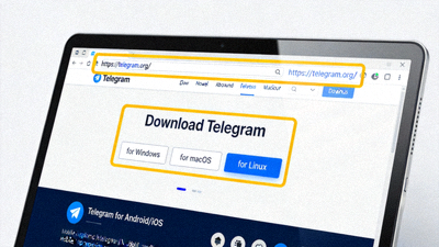 电脑屏幕上显示Telegram官方网站下载页面，网址被高亮显示