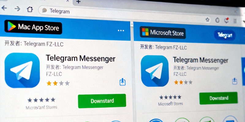 Mac App Store和Microsoft Store中Telegram官方应用页面的对比截图，显示相同的开发者信息