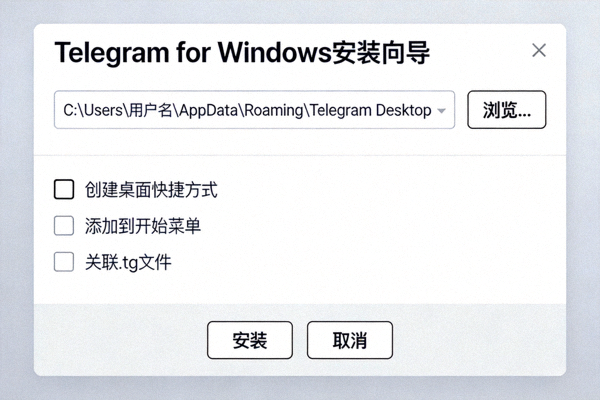 Telegram for Windows安装向导界面，显示安装路径和用户选择选项
