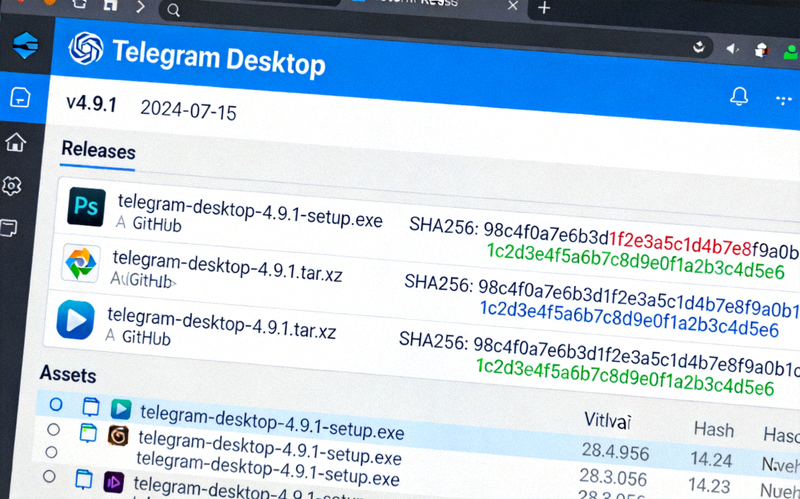 Telegram官方GitHub发布页面截图，显示最新版本安装包的SHA256哈希值列表