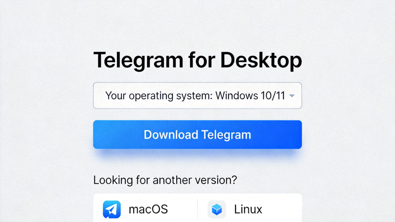 Telegram官方网站桌面版下载页面截图，显示自动检测操作系统并提供下载按钮的界面