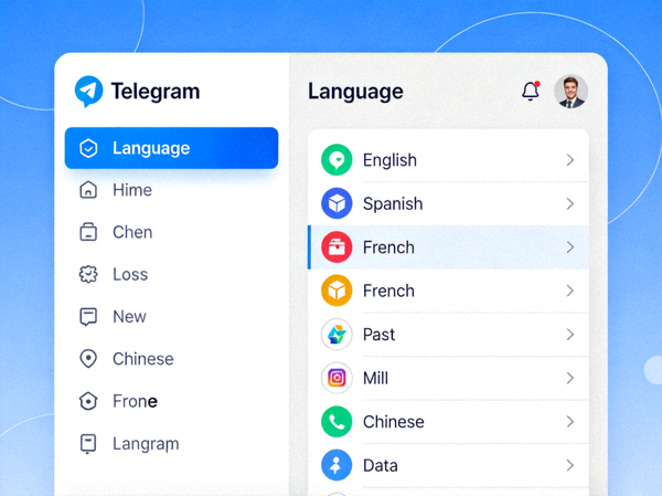 Telegram设置界面截图，左侧导航栏高亮显示Language语言选项，右侧为语言选择区域