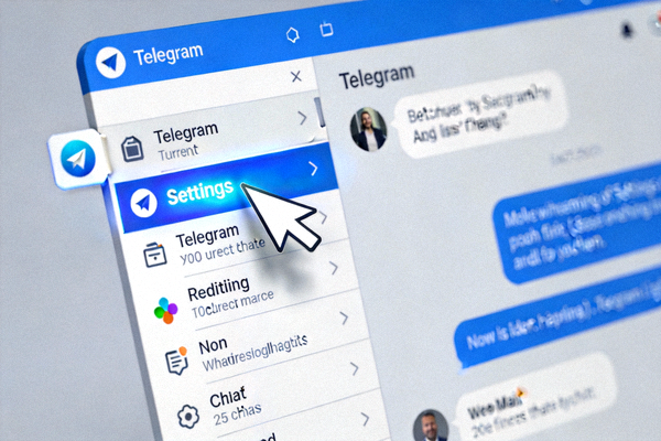 Telegram桌面版客户端主界面，鼠标指针悬停在左上角菜单按钮上，并高亮显示Settings设置选项