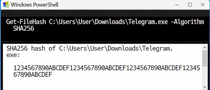 Windows PowerShell窗口截图，显示使用Get-FileHash命令计算Telegram安装包SHA256值的过程和结果