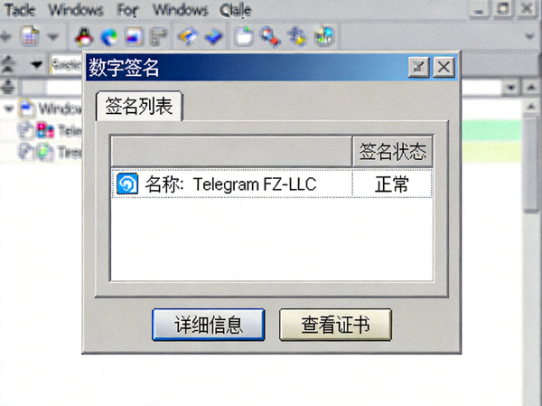 Windows文件属性对话框中数字签名选项卡的详细截图，显示Telegram FZ-LLC的签名状态为‘正常’