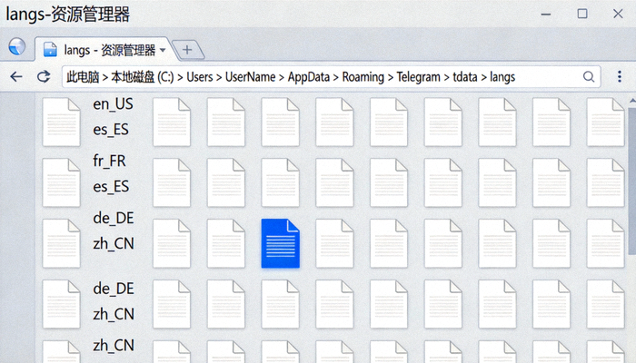 Windows文件资源管理器截图，显示Telegram的langs文件夹被打开，里面包含多个语言文件，其中zh_CN文件被高亮选中